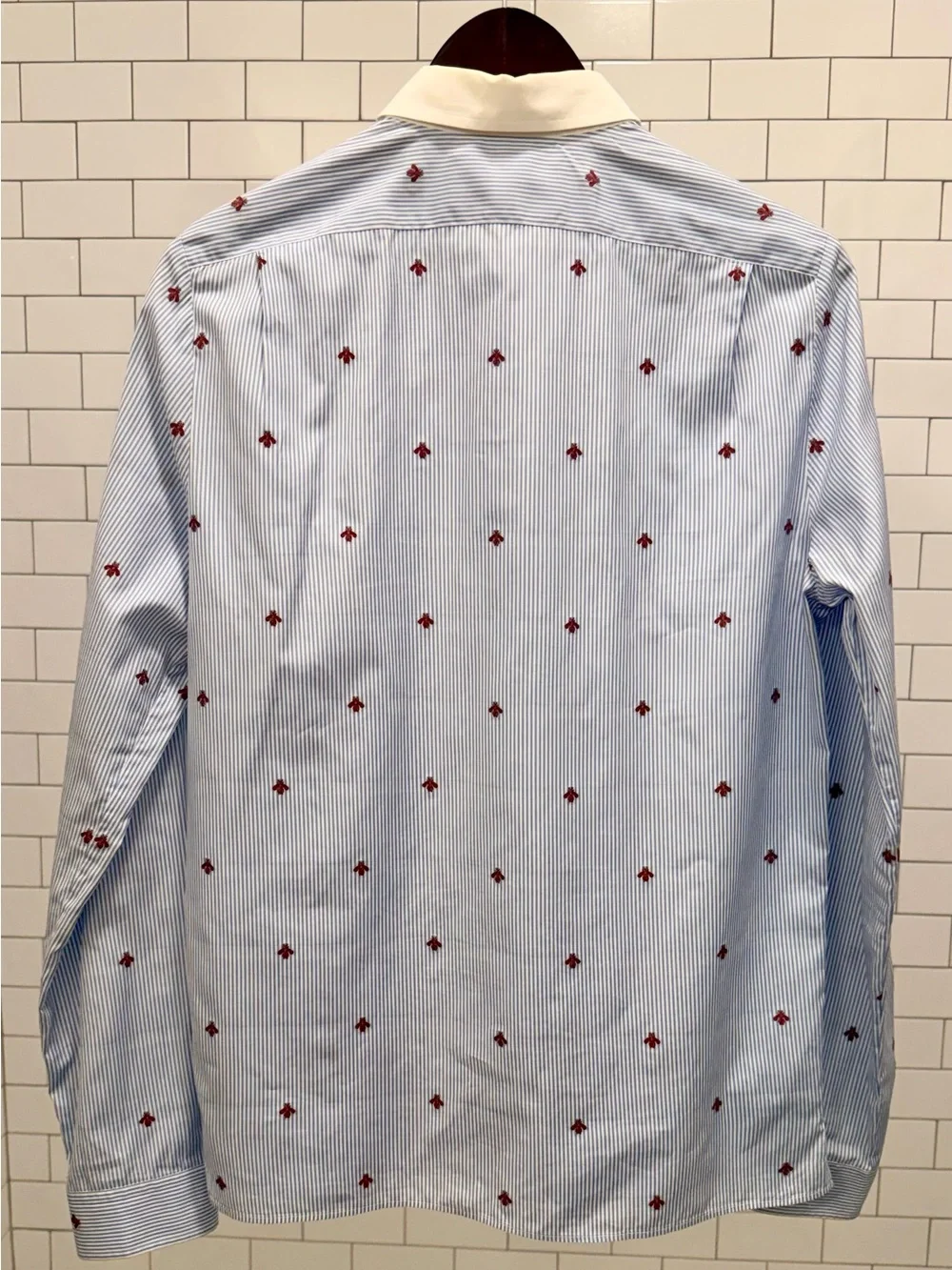 Gucci Light Blue Striped Dress Shirt with White Collar and Bee Embroidery